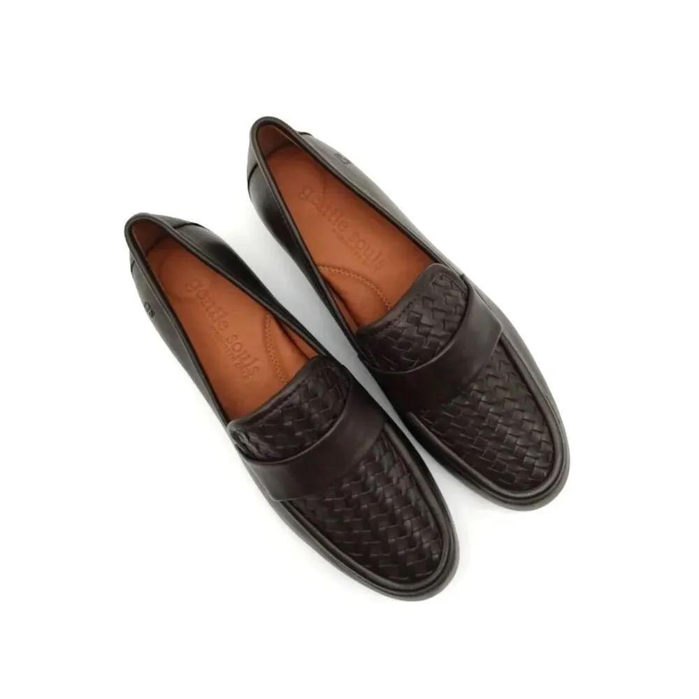 Gentle Souls Women's 8M Chocolate Leather Crew Woven Vamp Detailed Loafer Flats